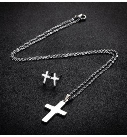 COFFRET COLLIER CROIX AVEC BOUCLE D OREILLE ACIER