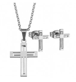 COFFRET COLLIER CROIX DOUBLE AVEC BOUCLE D OREILLE ACIER