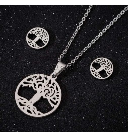 COFFRET COLLIER ARBRE DE VIE AVEC BOUCLE D OREILLE ACIER
