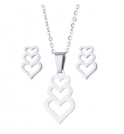 COFFRET COLLIER TRIPLE COEUR AVEC BOUCLE D OREILLE ACIER