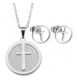 COFFRET COLLIER CROIX STRASS AVEC BOUCLE D OREILLE ACIER