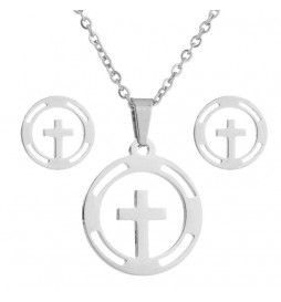 COFFRET COLLIER CROIX AVEC BOUCLE D OREILLE ACIER