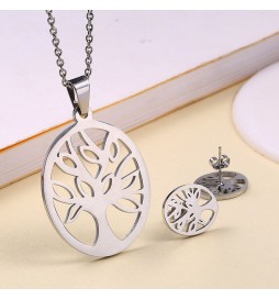 COFFRET COLLIER ARBRE DE VIE OVALE AVEC BOUCLE D OREILLE ACIER