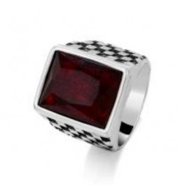 BAGUE ACIER DAMIER PIERRE ROUGE TAILLE 62