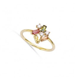 BAGUE EN PLAQUE OR CLUSTER MULTICOLORE TAILLE 54