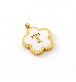 PENDENTIF ACIER FLEUR LETTRE T METAL DORE