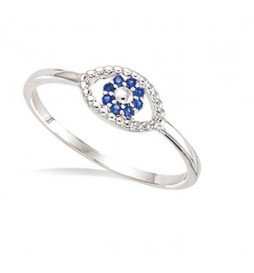 T54 BAGUE EN ARGENT 925 RHODIE TROIS OXYDES OEIL + OXYDES BLEUS