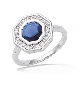 BAGUE EN ARGENT 925 RHODIE HEXAGONE BLEU ET OXYDES TAILLE 56