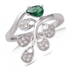 BAGUE EN ARGENT 925 RHODIE  FEUILLE  OXYDES BLANCS ET VERT TAILLE 58
