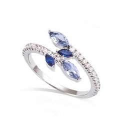 BAGUE EN ARGENT 925 RHODIE TOI ET MOI OXYDES VERRE BLEU SAPHIR ET AQUAMARINE T 54