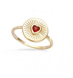 BAGUE EN PLAQUE OR FORME RONDE AVEC VERRE ROUGE COEUR SERTI CLOS  TAILLE 54