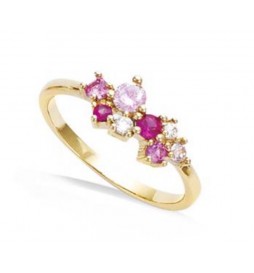 BAGUE EN PLAQUE OR  CLUSTER TON FUSCHIAS ET ROSES TAILLE 50