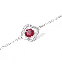 BRACELET EN ARGENT 925 RHODIE FLEUR PIERRE ROUGE