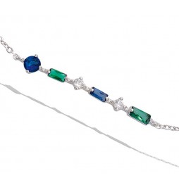 BRACELET EN ARGENT 925 RHODIE VERRE COULEUR SAPHIR ET EMERAUDE