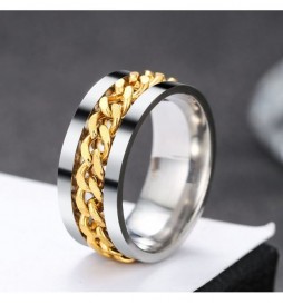 BAGUE ACIER CHAINE METAL DORE AU MILIEU TAILLE 74