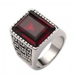 BAGUE ACIER ZIGZAG PIERRE ROUGE TAILLE 68