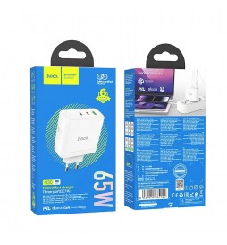 CHARGEUR SECTEUR HOCO 2 X TYPE C + USB A QC PD 65W GAN N30 BLANC