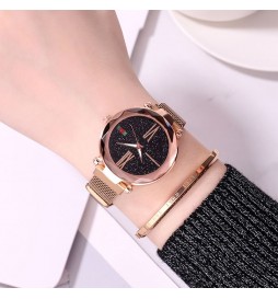 MONTRE NONAME CADRAN NOIR BRACELET OR ROSE SIGNE VERT ET ROUGE
