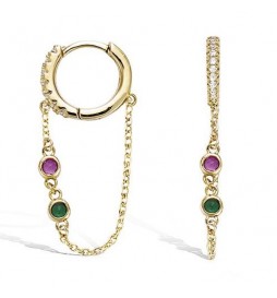 BOUCLE D'OREILLES EN PLAQUE OR MINI CREOLE 12MM PENDANT CHAINETTE AVEC PIERRE FUSCHIA ET VERT