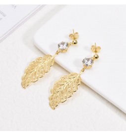 BOUCLE D OREILLE ACIER DORE FEUILLE AVEC OXYDE
