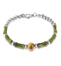 BRACELET ACIER PIERRE VERT ET  OEIL DE TIGRE AVEC BOULE 20CM