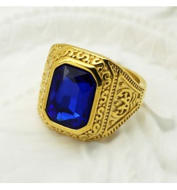 BAGUE ACIER DORE ZIGZAG PIERRE BLEU TAILLE 70