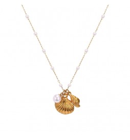 COLLIER ACIER DORE COQUILLAGE PERLE 45CM