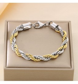 BRACELET ACIER MAILLE TORSADE GRIS ET DORÉ 20CM