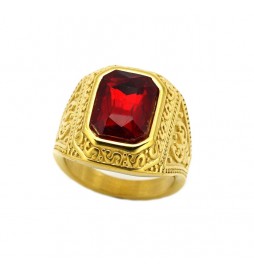 BAGUE ACIER DORE ZIGZAG PIERRE ROUGE TAILLE 68