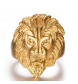 BAGUE ACIER DORE TETE DE LION TAILLE 68