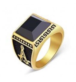 BAGUE ACIER DORE PIERRE NOIR TAILLE 68