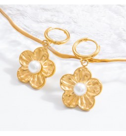 BOUCLE D OREILLE ACIER DORE CREOLE FLEUR