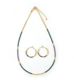 COFFRET COLLIER ET BOUCLE D OREILLE ACIER DORE PERLE MULTI COULEUR 45CM
