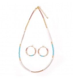COFFRET COLLIER ET BOUCLE D OREILLE ACIER DORE PERLE MULTI COULEUR 45CM