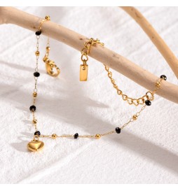 BRACELET ACIER DORE PERLE NOIR ET COEUR